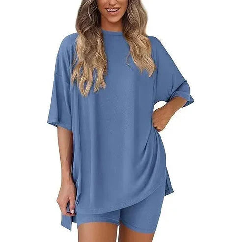 Women's Summer 2 Piece Lounge Set Oversized T-Shirt & Biker Shorts Matching Airport Travel Outfit