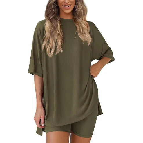 Women's Summer 2 Piece Lounge Set Oversized T-Shirt & Biker Shorts Matching Airport Travel Outfit