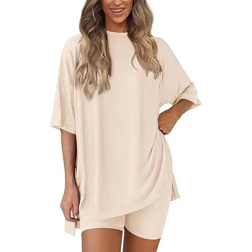 Women's Summer 2 Piece Lounge Set Oversized T-Shirt & Biker Shorts Matching Airport Travel Outfit