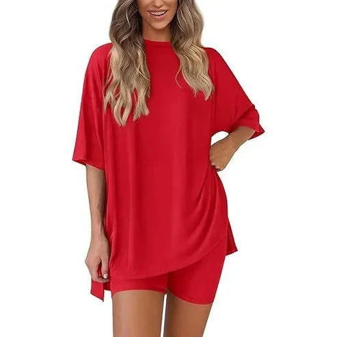 Women's Summer 2 Piece Lounge Set Oversized T-Shirt & Biker Shorts Matching Airport Travel Outfit