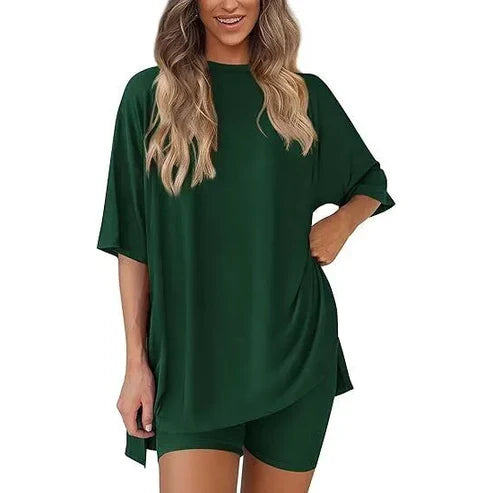Women's Summer 2 Piece Lounge Set Oversized T-Shirt & Biker Shorts Matching Airport Travel Outfit