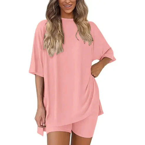 Women's Summer 2 Piece Lounge Set Oversized T-Shirt & Biker Shorts Matching Airport Travel Outfit