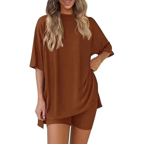 Women's Summer 2 Piece Lounge Set Oversized T-Shirt & Biker Shorts Matching Airport Travel Outfit