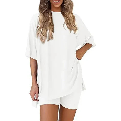 Women's Summer 2 Piece Lounge Set Oversized T-Shirt & Biker Shorts Matching Airport Travel Outfit