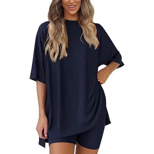 Women's Summer 2 Piece Lounge Set Oversized T-Shirt & Biker Shorts Matching Airport Travel Outfit