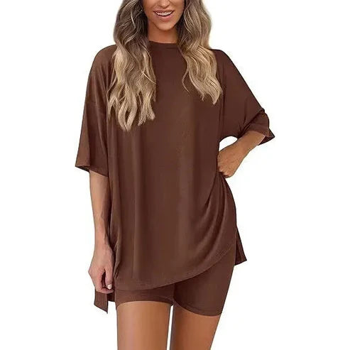 Women's Summer 2 Piece Lounge Set Oversized T-Shirt & Biker Shorts Matching Airport Travel Outfit
